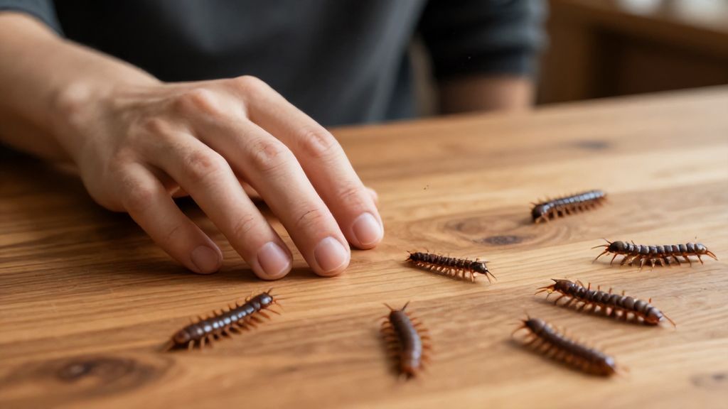 Многоножки разбегаются по деревянному столу при приближении руки