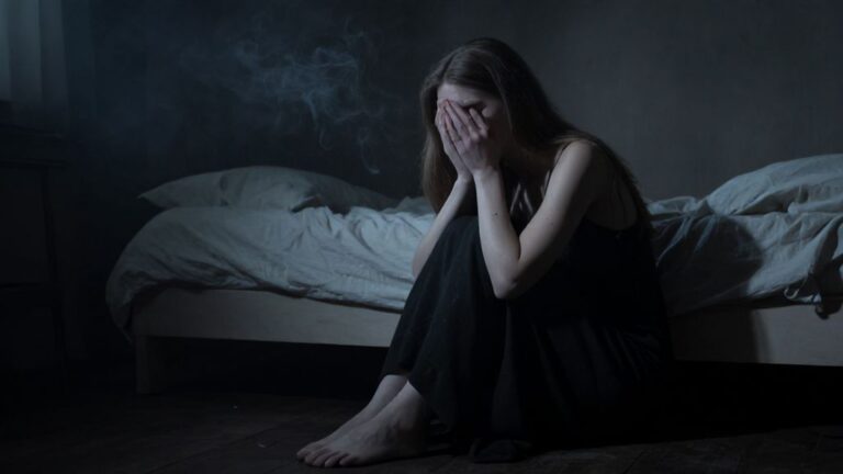 Изобрази реалистичную молодую женщину-сестру в полумраке, она сидит на кровати или на полу, лицо в ладонях, слёзы на щеках, вокруг лёгкая дымка, тени на стенах, глубокие тени и контрасты, реалистичный стиль с элементами мистики, атмосфера грусти и духовного послания.