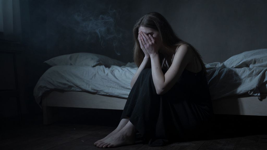 Изобрази реалистичную молодую женщину-сестру в полумраке, она сидит на кровати или на полу, лицо в ладонях, слёзы на щеках, вокруг лёгкая дымка, тени на стенах, глубокие тени и контрасты, реалистичный стиль с элементами мистики, атмосфера грусти и духовного послания.