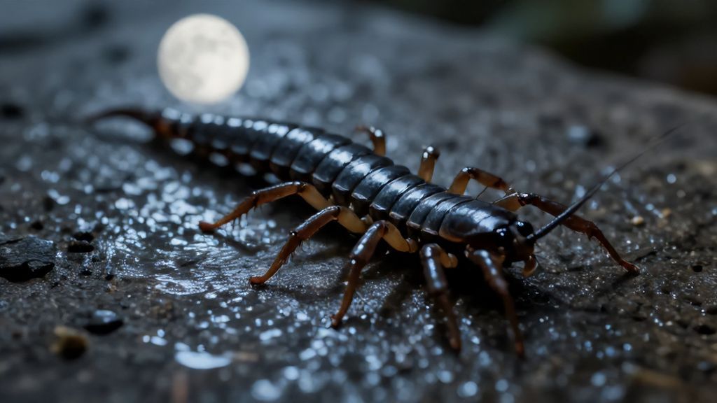 Крупная сколопендра ползет по камню в лунном свете