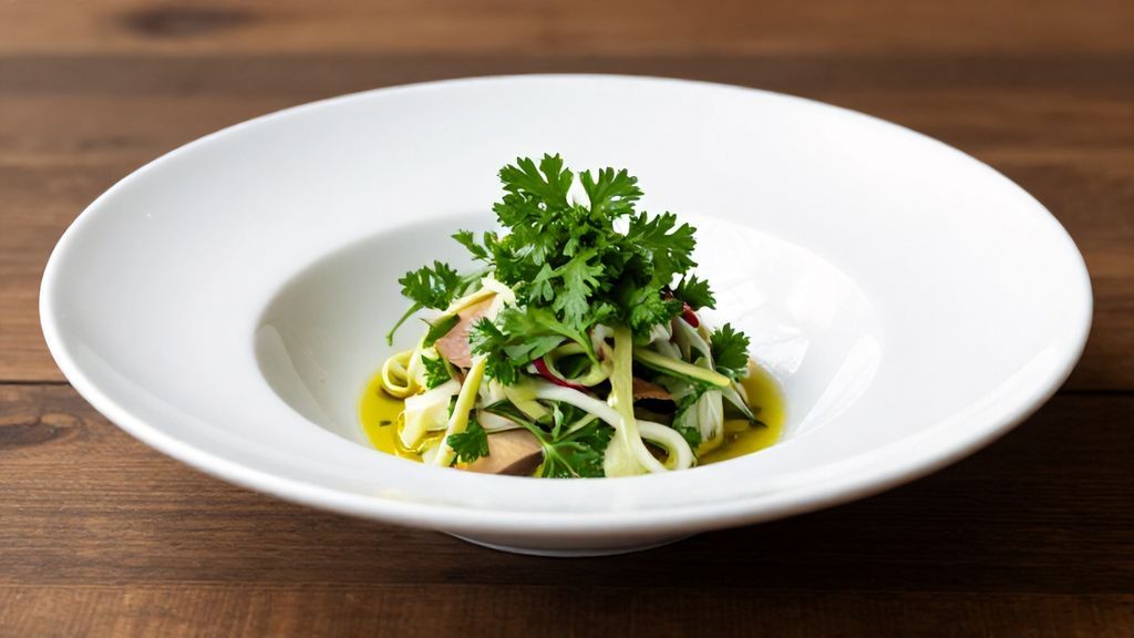 Салат со свежими листьями петрушки на деревянном фоне