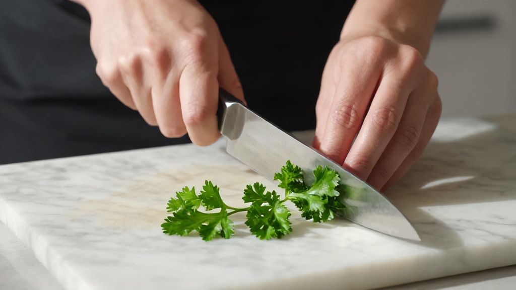 Руки режут свежую петрушку на разделочной доске