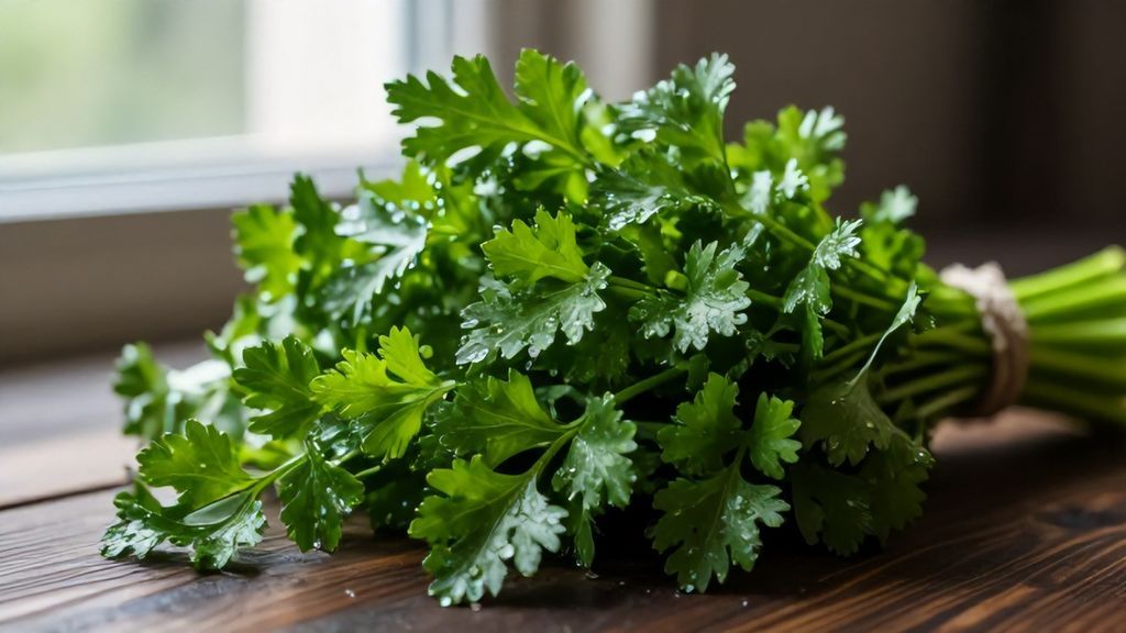 Свежий пучок кудрявой петрушки с каплями воды