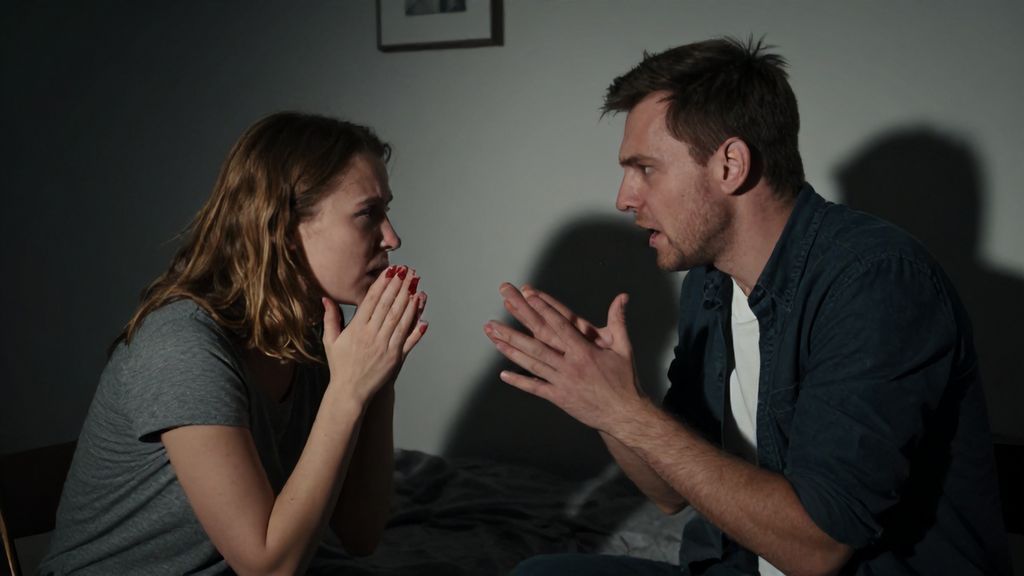 Эмоциональный конфликт влюбленных в полумраке комнаты