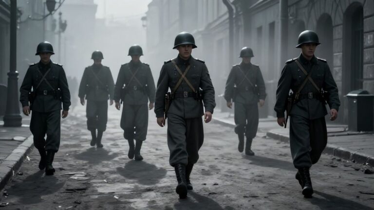 Солдаты в военной форме в тумане на старой улице