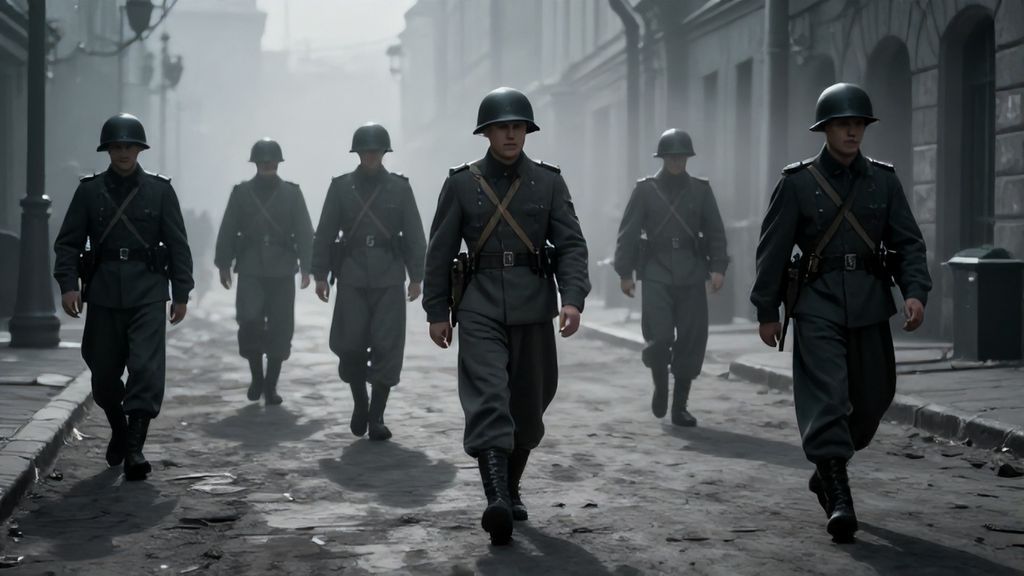 Солдаты в военной форме в тумане на старой улице