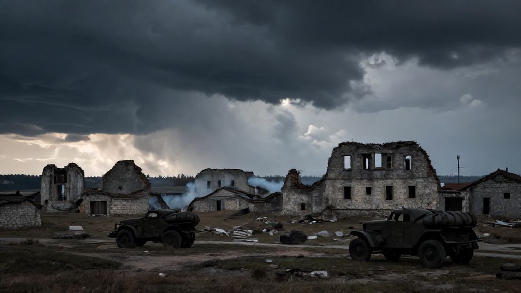 Разрушенный город после сражения под грозовым небом