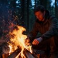 Мужчина разводит яркий костер в вечернем лесу