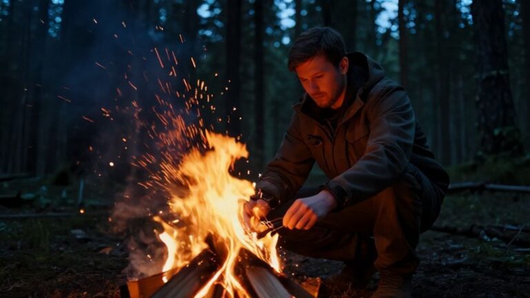 Мужчина разводит яркий костер в вечернем лесу