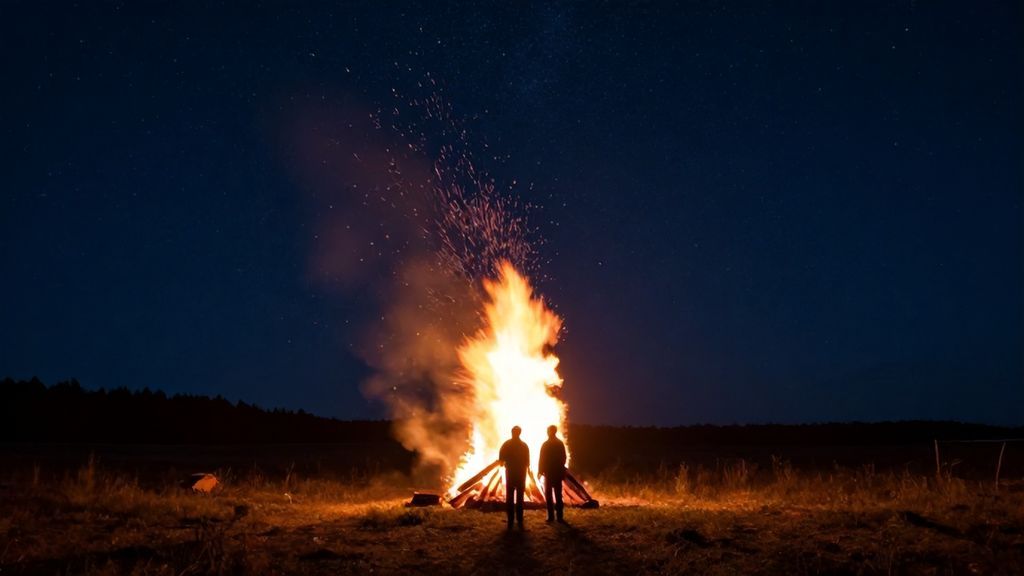 Огромный костер в поле под звездным небом и силуэты людей