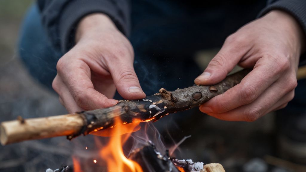 Руки мужчины подбрасывают ветку в начинающийся огонь