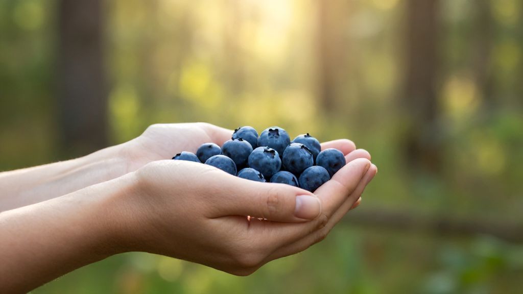 Горсть голубики в руках на фоне леса