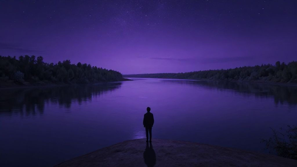 Мистический берег реки под звездным небом и фигура проводника