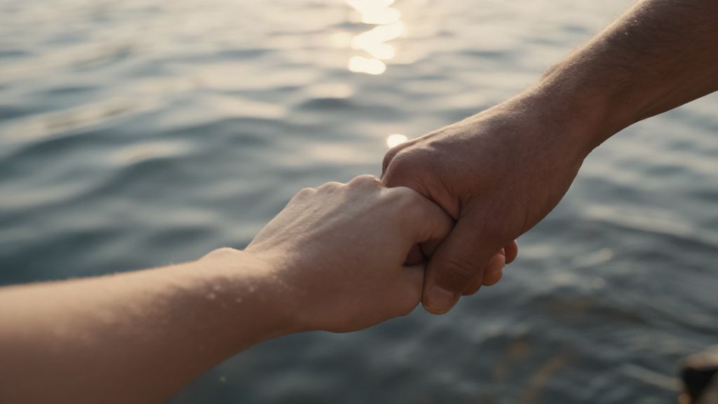 Рука проводника направляет к сверкающей глади воды