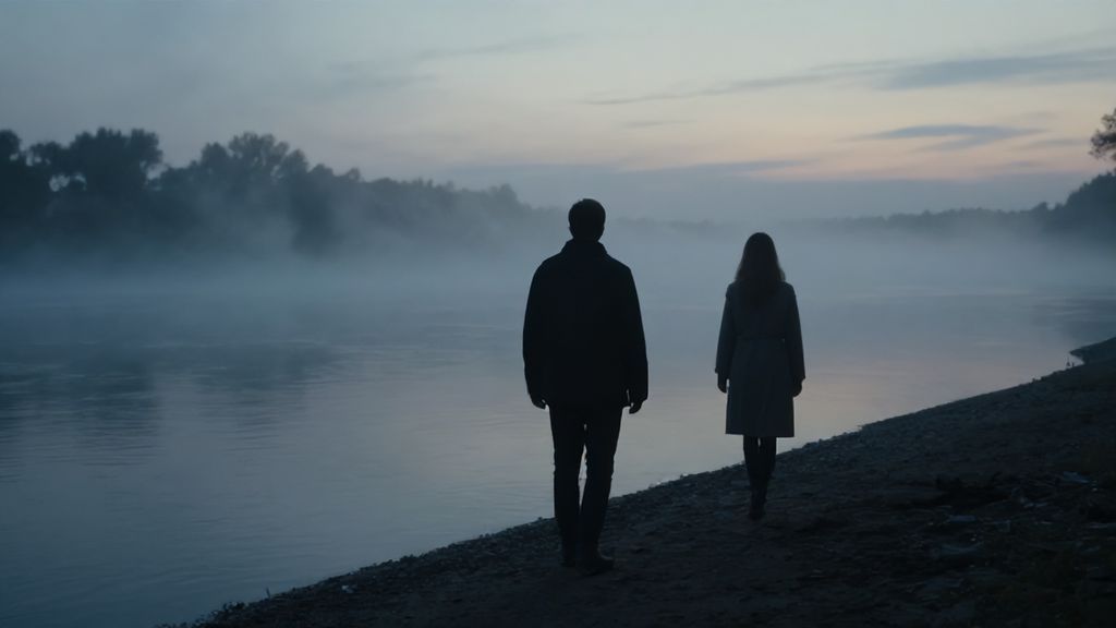 Таинственная фигура ведет человека к туманной реке на рассвете