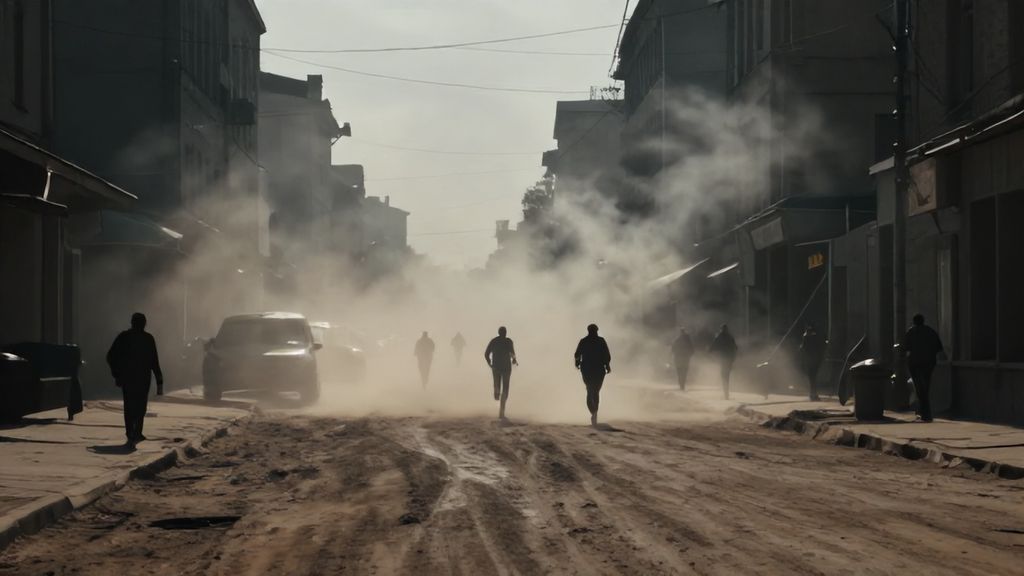 Драматичный вид на городскую улицу в дыму как символ катастрофы