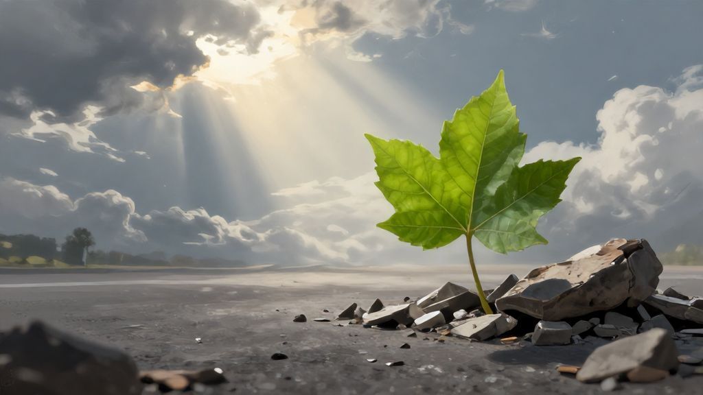 Зеленый росток пробивается сквозь руины как символ надежды