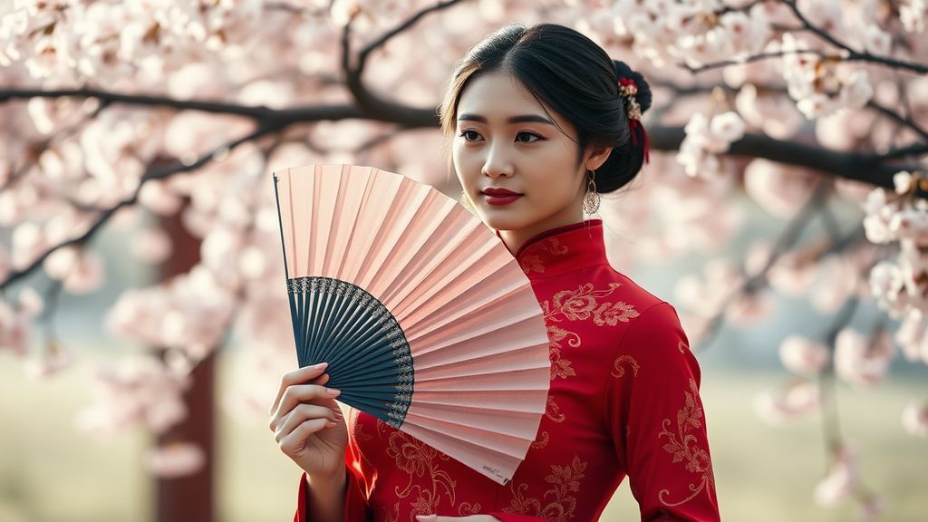 Красивая китаянка в красном платье символ удачи