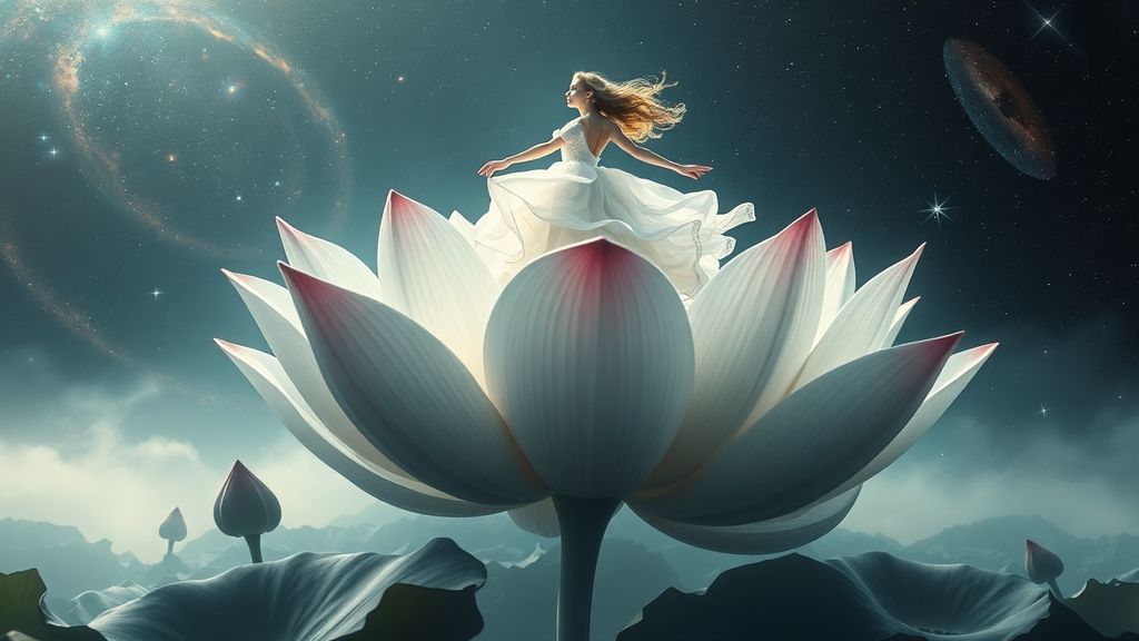 Девушка и гигантский цветок лотоса символ трансформации души