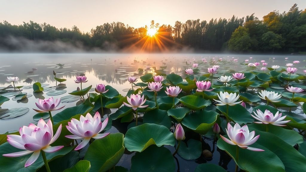 Цветущие розовые и белые лотосы на озере в утреннем тумане