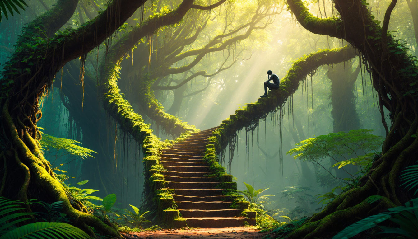 Сюрреалистичный сон о человеке на лианах в джунглях