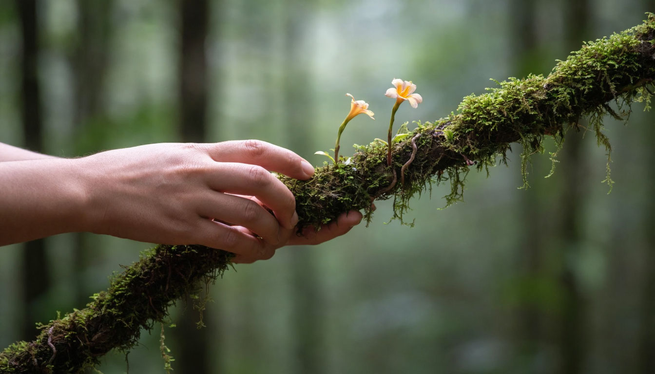 Руки человека держатся за лиану во сне