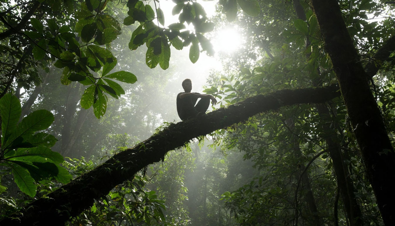 Человек сидит на лиане в тропическом лесу
