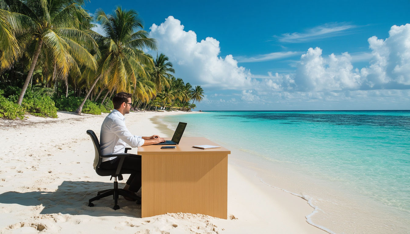 Офисный стол превращается в пляж во сне