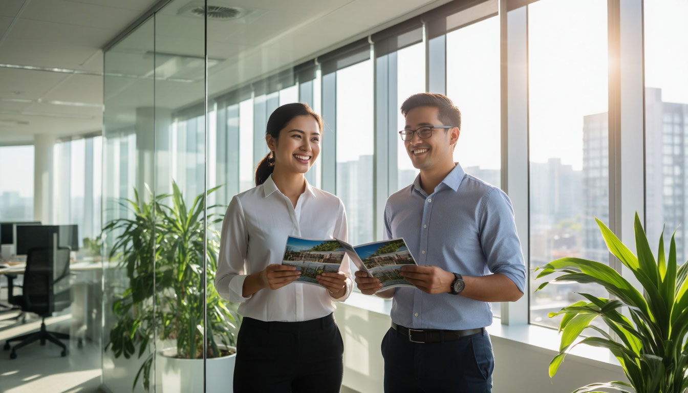 Коллеги обсуждают отпуск в офисе