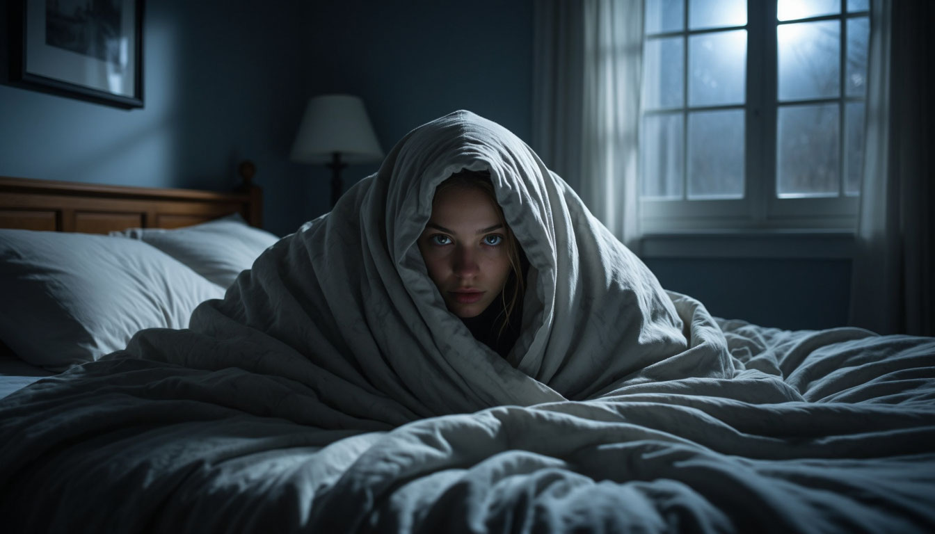 Человек прячется под одеялом в темной комнате
