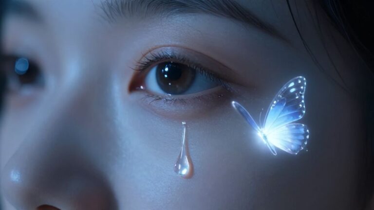 Сюрреалистичное изображение слезы во сне, превращающейся в светящуюся бабочку как символ освобождения и радости.