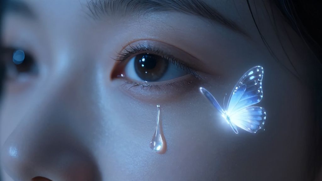 Сюрреалистичное изображение слезы во сне, превращающейся в светящуюся бабочку как символ освобождения и радости.