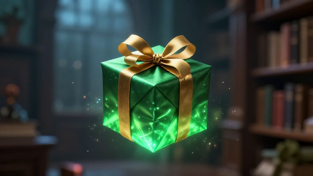 Светящаяся подарочная коробка с золотой лентой в мистической атмосфере