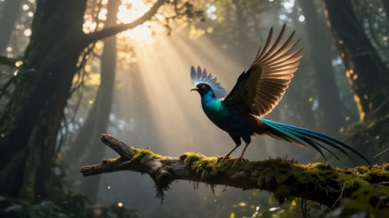 Яркая сказочная птица взлетает с ветки в туманном лесу