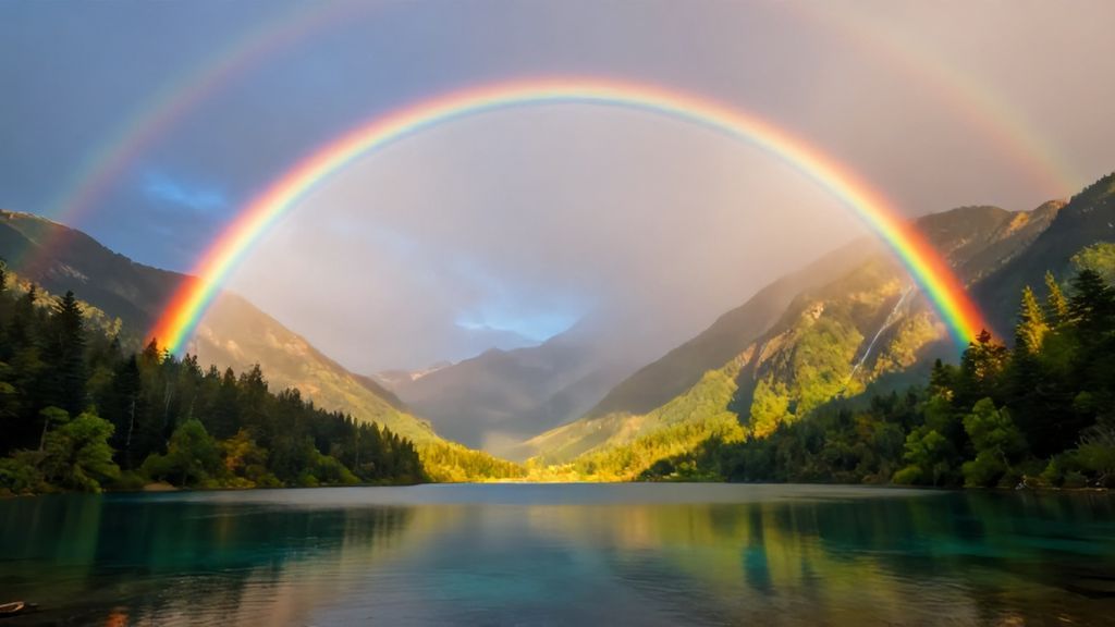 Магическая двойная радуга над горами и озером в лучах заката