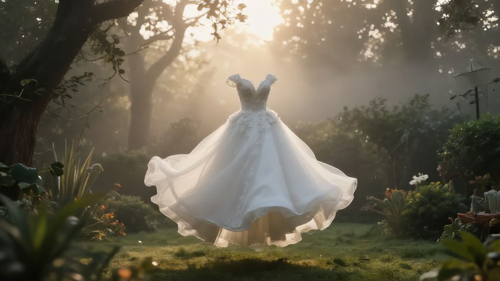 Сюрреалистичный образ свадебного платья в туманном саду как символ толкования снов