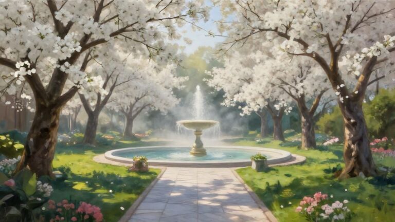 Толкование сна: цветущий весенний сад с фонтаном как символ душевного равновесия.