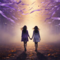 Толкование сна о сестре: две девушки в мистическом тумане идут к свету, символизируя разгадку сновидения.