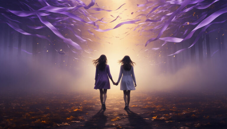 Толкование сна о сестре: две девушки в мистическом тумане идут к свету, символизируя разгадку сновидения.