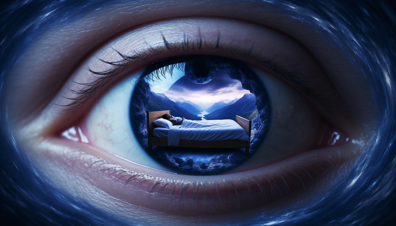 Сюрреалистичная иллюстрация сна внутри сна, символизирующая многослойность подсознания и ложное пробуждение.