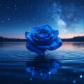 Сюрреалистичный сон в синих тонах с сияющей розой на озере, символизирующий духовное спокойствие и интуицию.