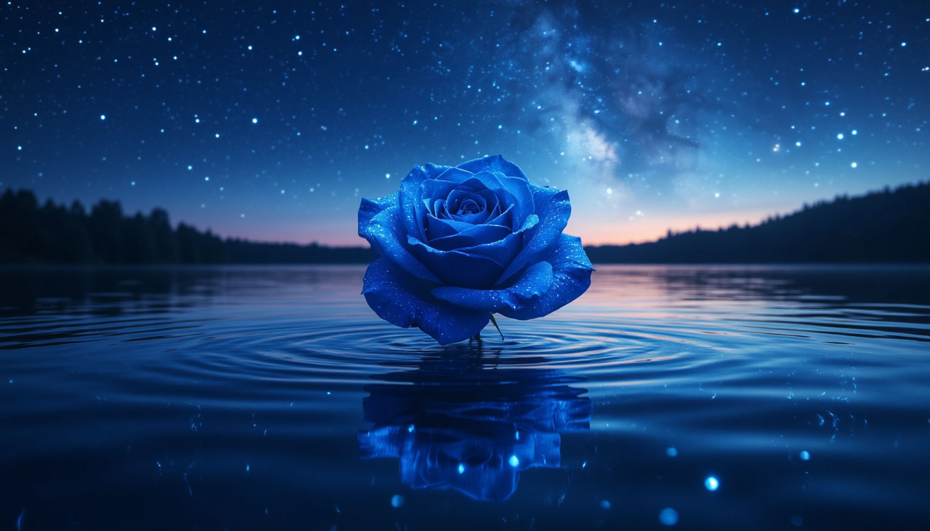 Сюрреалистичный сон в синих тонах с сияющей розой на озере, символизирующий духовное спокойствие и интуицию.