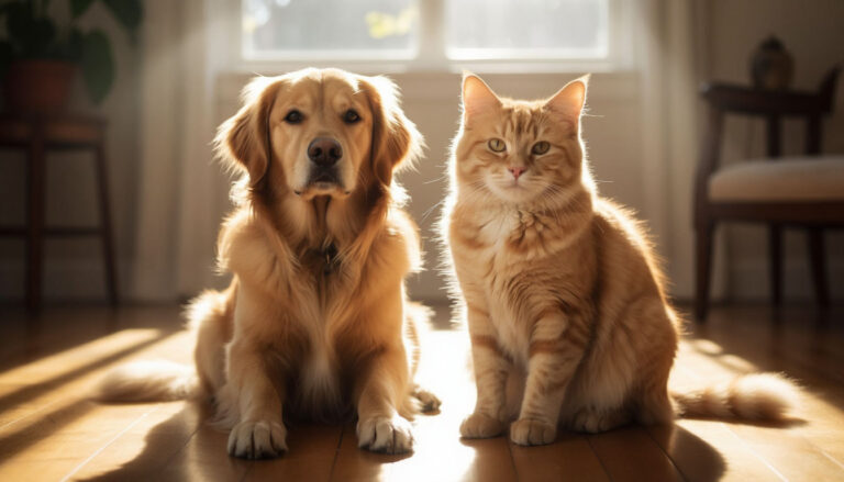 Собака и кошка сидят вместе в солнечной комнате, символизируя мир и гармонию в толковании снов.
