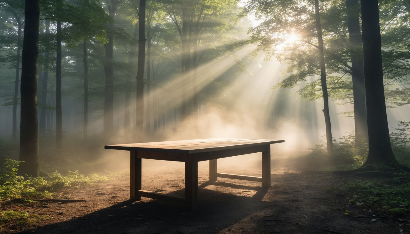 Деревянный стол в лесу как символ поиска ответов в подсознании и толкования снов.
