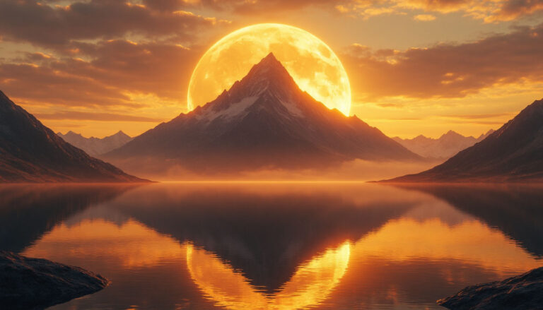 Яркий восход золотого солнца в горах как символ успеха и толкования сновидений.