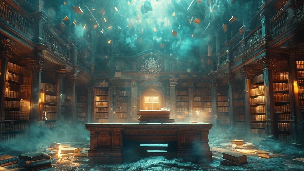 Сюрреалистичное изображение школьной парты среди летающих книг