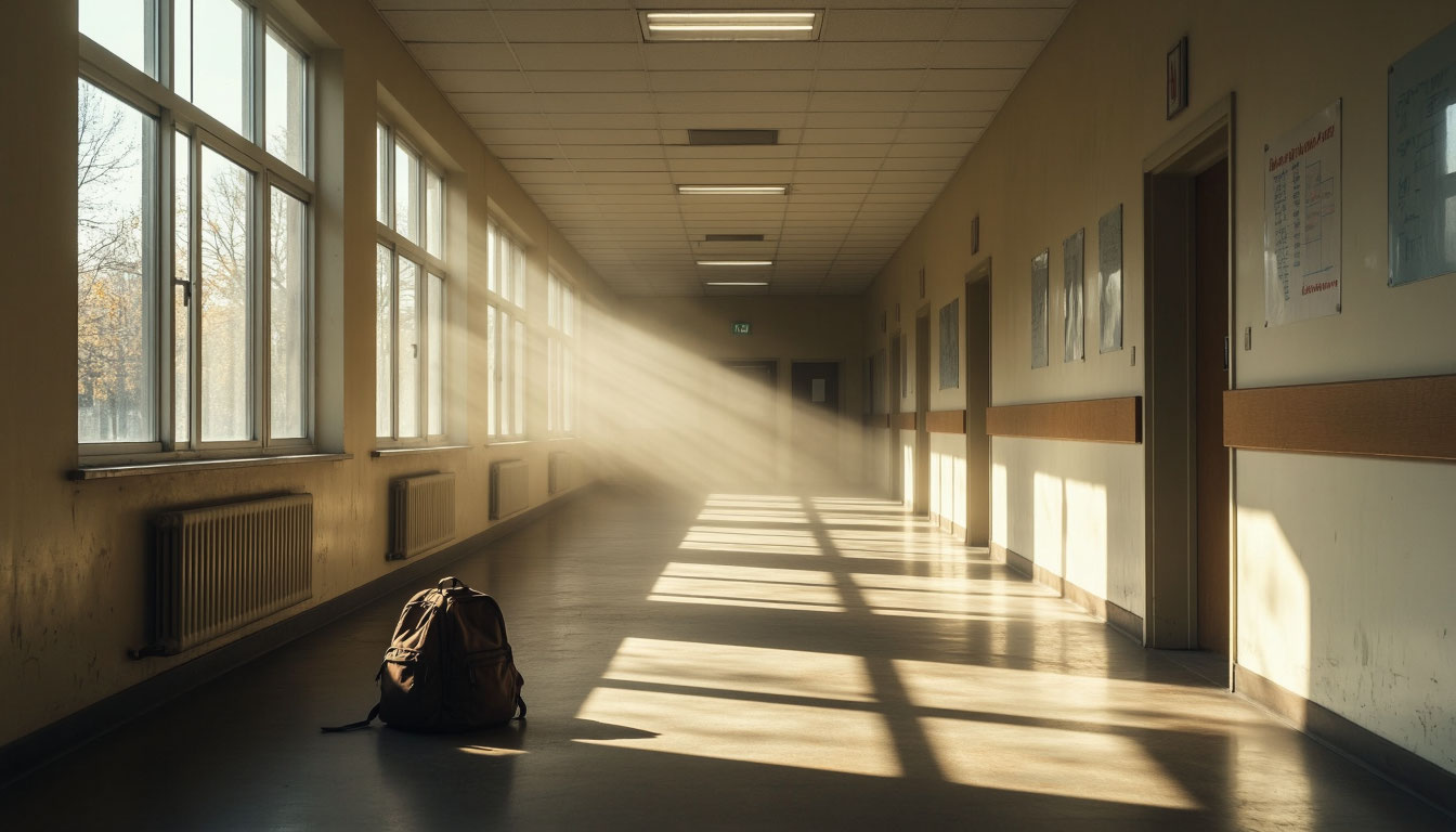 Пустой школьный коридор в солнечном свете, символизирующий воспоминания и сны об учебе.