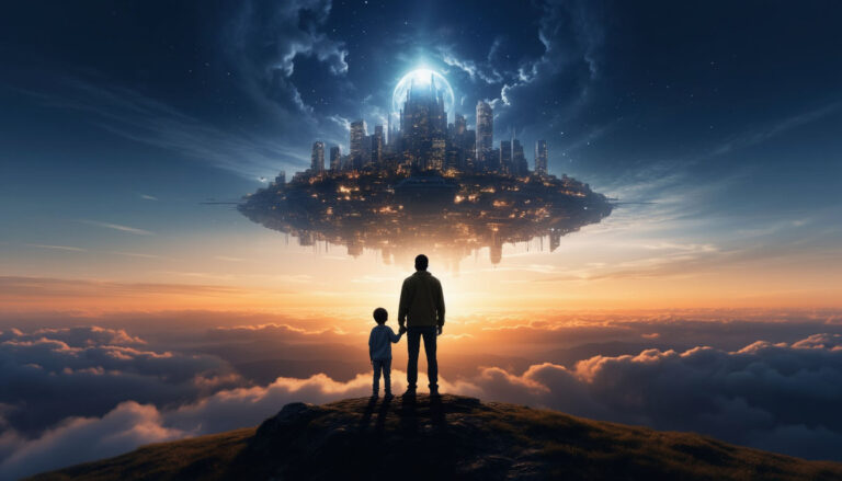 Символическое изображение отца и сына на фоне светящегося горизонта, олицетворяющее толкование снов о детях, преемственность поколений и жизненный путь к успеху.