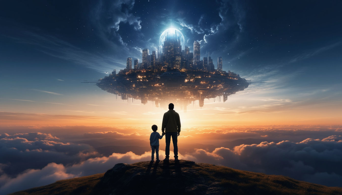 Символическое изображение отца и сына на фоне светящегося горизонта, олицетворяющее толкование снов о детях, преемственность поколений и жизненный путь к успеху.