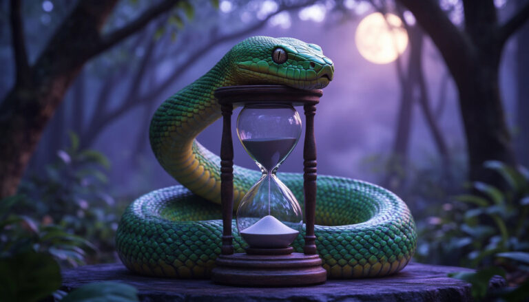 Огромный зеленый удав с красивым узором на чешуе обвивает песочные часы в мистическом лесу — символ времени и тайных смыслов сна.